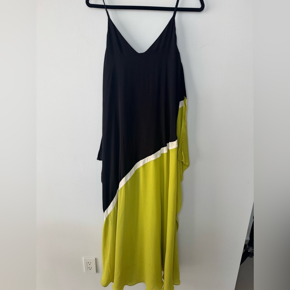 Halston Heritage Colorblock Slip Dress Small Black Lime Maxi Flowy V-Neck